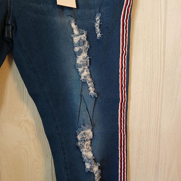 Gazoz Women's Size 16 Dark Blue Distressed Ripped Jeans With Side Stripes - Picture 9 of 14
